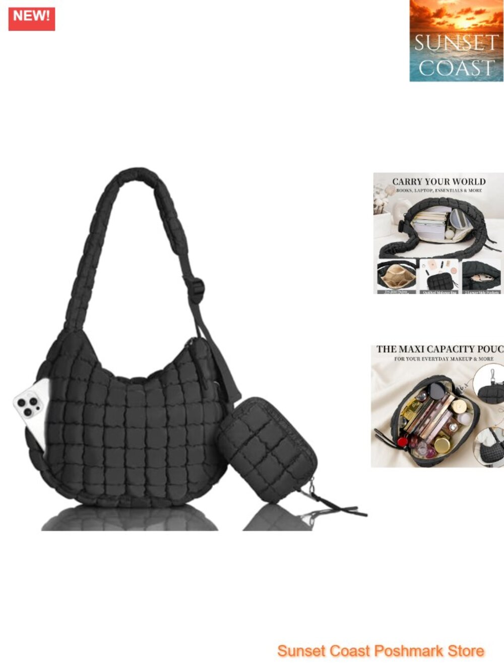 Quilted Puffer Tote Bag with Detachable Pouch Adjustable Shoulder Strap